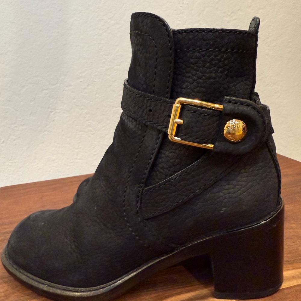 Louis Vuitton Black Leather Ankle Boots with Gold Buckle